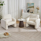 Corduroy Fabric Accent Chair, Modern Upholstered Living Room Chairs with Lumbar Pillow, Wide Comfy Leisure Armchair for Bedroom, Office, Reading, White