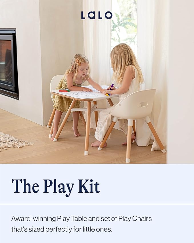 Lalo The Play Kit - Kids Table & Chairs Set with Sustainably Sourced Wood Table & 2 Non-Toxic Bucket Seat Chairs - Safe & Comfortable - Coconut/Grapefruit