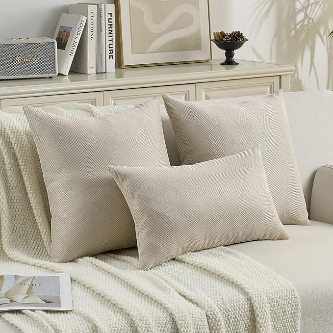 FUTEI Beige Chenille Throw Pillow Covers 26x26 Inch Set of 2,Soft Wide Chevron Textured Euro Pillow Shams,Farmhouse Home Decor for Couch Bed Living Room