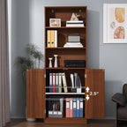 75" Tall Bookcase with Doors, 5 Tier Large Bookshelf with Cabinet, Standing Wood Display Book Shelf for Living Room, Office, Library with Doors, Brown