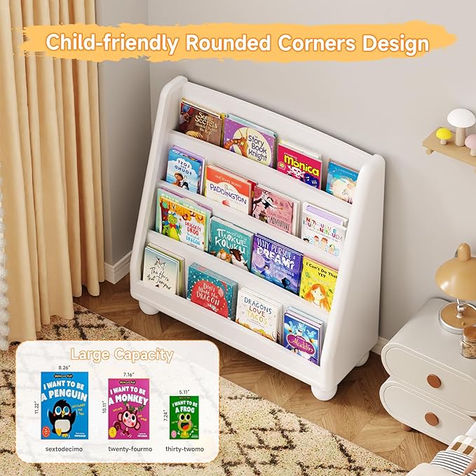 ONBRILL 4-Tier Kids Bookshelf, Montessori Shelf for Kids Rooms, Toddler Book Rack Organizer and Storage, Wooden Baby Bookshelf for Classrooms Nursery Playrooms