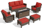 HERA'S HOUSE Red Patio Furniture Set, 6-Piece Outdoor Seating Conversation Sets with High Back Wicker Sofa, Swivel Chairs with 5.5" Thick Cushions, Fire Pit Table & Ottomans for Deck Yard Garden