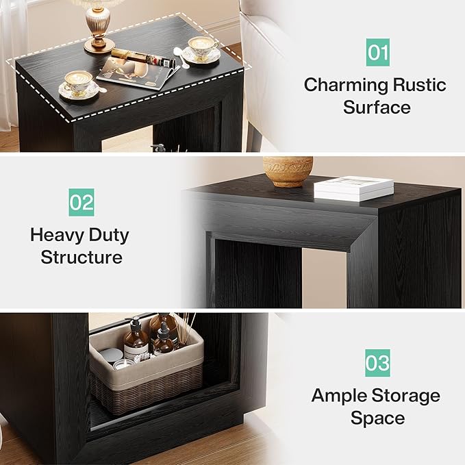Tribesigns Rustic Wood End Table, 2 Tiered Square Side Table with Storage Shelf, Industrial Sofa Side Table for Living Room, Entrance (2, Dark)