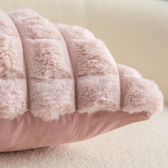 Neelvin Pink Faux Fur Cozy Soft Plaid Decorative Throw Pillow Covers 26x26 inch Set of 2,Velvet Pillowcase Cushion Case for Sofa Couch