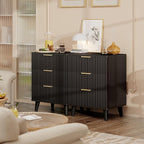 Lulive Wood Nightstand Set of 2 Fluted Dresser for Bedroom 3 Drawers Night Stand with Charging Station, Storage Modern Side Table Black