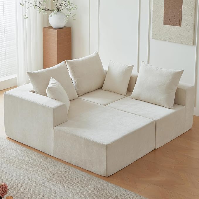 101" Cloud Couch for Bedroom,Boneless Couch with Oversized Chaise,4-Seat Chenille Deep Seat Sofa with 5-Pillows for Living Room,Corduroy Sofa in A Box,Beige