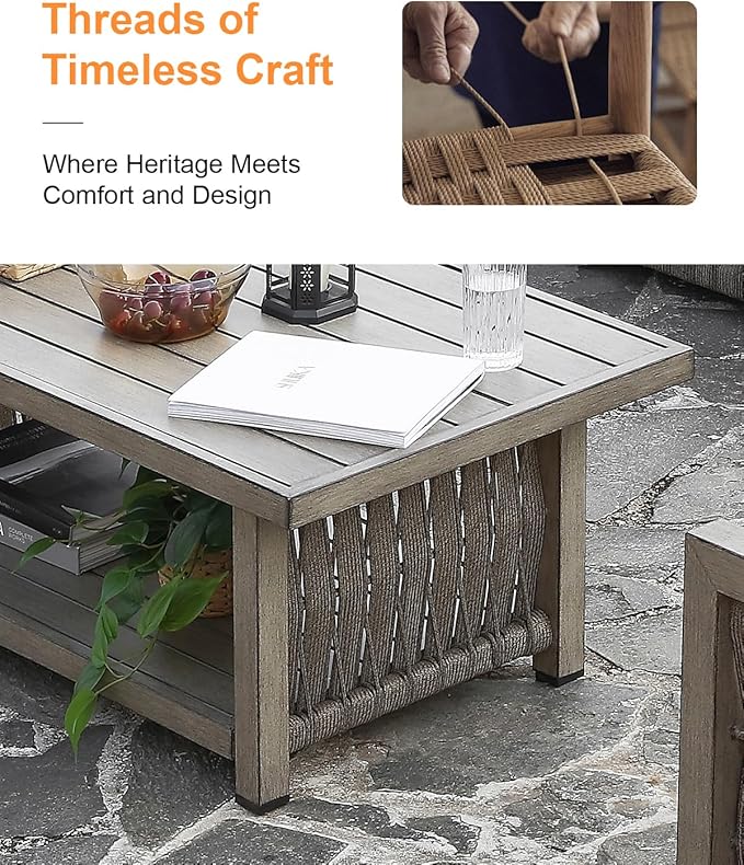 Outdoor Coffee Table, Aluminum Rope Weave Patio Coffee Table, Weatherproof Outside 2-Tier Rectangle Outdoor Patio Furniture for Garden, Pool, Outside, Decks, Gray Oak