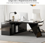 homary 70.9" Modern L-Shape Executive Desk, Home Office Desk with Drawers & Cabinet Modern Computer Desk for Home Business Furniture, Black, Right Hand
