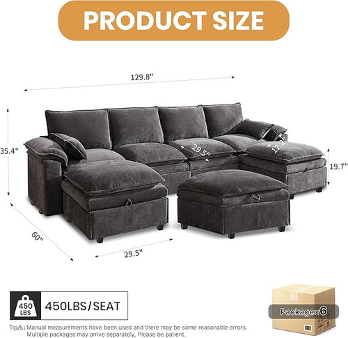 130" U Shaped Modular Sectional Sofa, Couch with Ottoman Storage, Chenille Cloud Couch with Plush Deep Seating for Living Room, Bedroom (7 Seat, Grey)