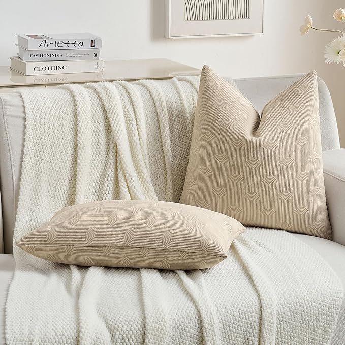 FUTEI Oatmeal Chenille Decorative Throw Pillow Covers 18x18 Inch Set of 2,Soft Cozy Striped Geometric Patterns Cushion Case,Modern Home Decor for Couch Bed Living Room