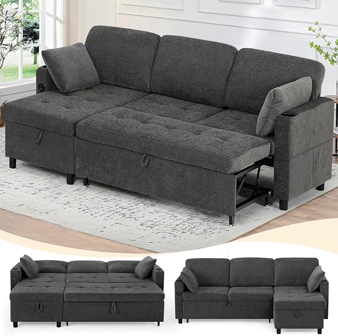 84" Fabric Pull Out Sofa Bed w/Adjustable Backrest, L-Shape Modern Sleeper Sofa w/Reversible Chaise, Upholstered Sectional Couch w/USB Port and Side Pockets for Living Room, House, Grey