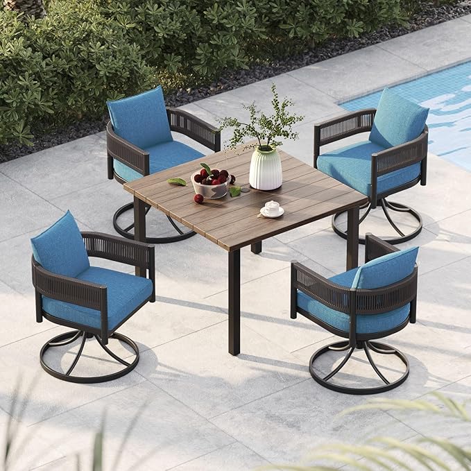 Grand patio 5-Piece Outdoor Dining Set for 4, Metal Woven Wicker Swivel Patio Chairs with Thickened Cushions & 1 Square Woodgrain Dining Table with Umbrella Hole for Backyard Deck (Brown)