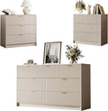 3 Piece Dresser Bedroom Set, 7 Drawer Dresser & 3 Drawer Nightstands with Gold Handles, Fluted Wood Chest of Drawers for Bedroom, Living Room, Entryway, Beige