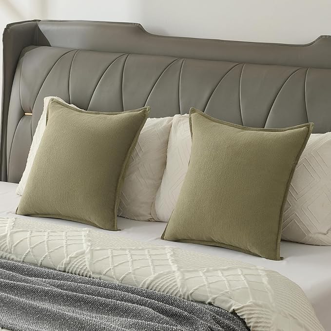 FUTEI Olive Green Chenille Throw Pillow Covers 16x16 Inch Set of 2,Edges Double-Stitched Cushion Cases,Modern Home Decor for Couch Living Room