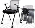 Conference Room Chairs, Folding Office Desk Chair with Lumbar Support and Sliding Armrest with Casters, Stackable Office Guest Chairs & Reception Chairs (2 Pack)