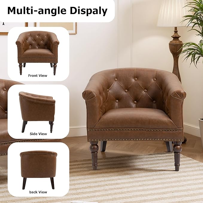 Lumibee Faux Leather Barrel Chairs, Upholstered Accent Chairs Set of 4 for Living Room, Modern Comfy Club Armchairs for Office, Bedroom, Waiting Room-Brown