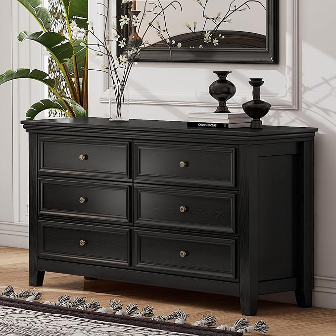 Black Dresser for Bedroom 6 Drawers Dresser - 47.2" Wide 6 Chest of Drawers Storage Double Cabinet as Bedfoot Organizer & Wardrobe Cabinet