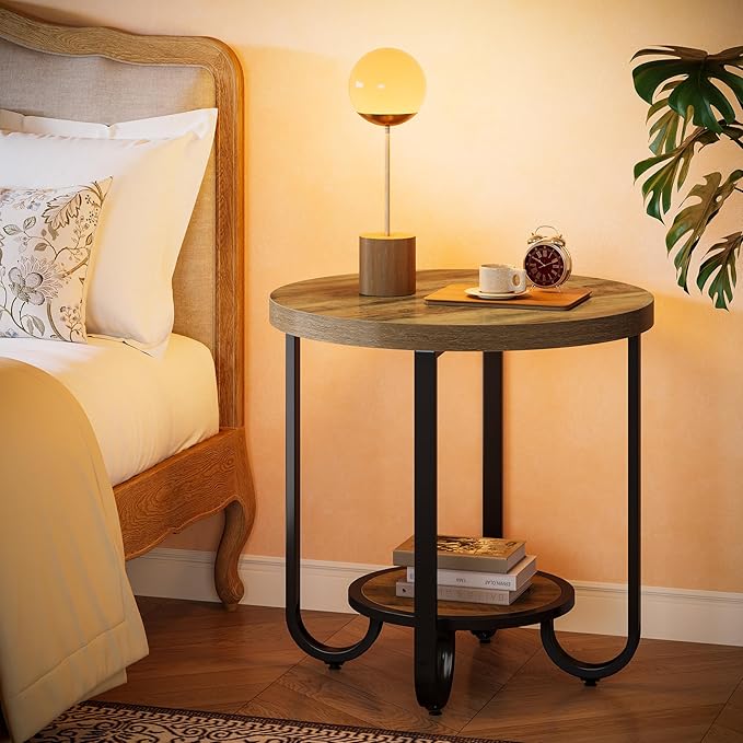Tribesigns Round End Table with 2-Tier Storage Shelf, Industrial Side Table with Curved Metal Legs, Wood-Grain Accent Coffee Side Stand, Small Nightstand for Living Room, Bedroom, Office, Bathroom