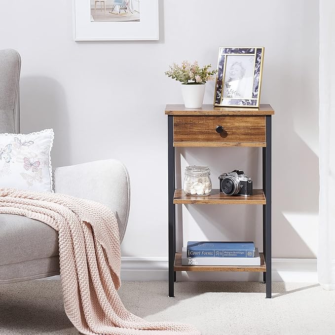 VECELO Tall End Side Table,Nightstand with Adjustable Shelf and Bin Drawer for Living Room/Bedroom/Entryway Small Spaces