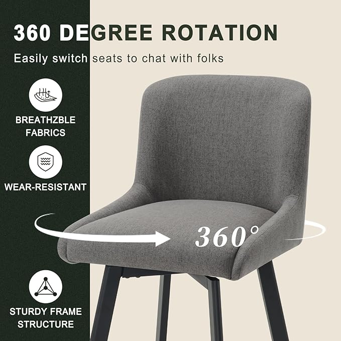 Swivel Bar Stools Set of 4, 30''H Upholstered Barstools with Backs, Modern Counter Height Bar Stool Chairs for Kitchen Island, Metal Legs, Fabric, Gray Counter Stools