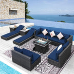 NICESOUL 13Pcs Patio Furniture Sets with Firepit, Contemporary Rattan Modular 10-Seater Outdoor Patio Set with Matching Chaise, Extra Wide Deep Seat Sectional Sofa and Lounger for Deck, Grey&Navy Blue