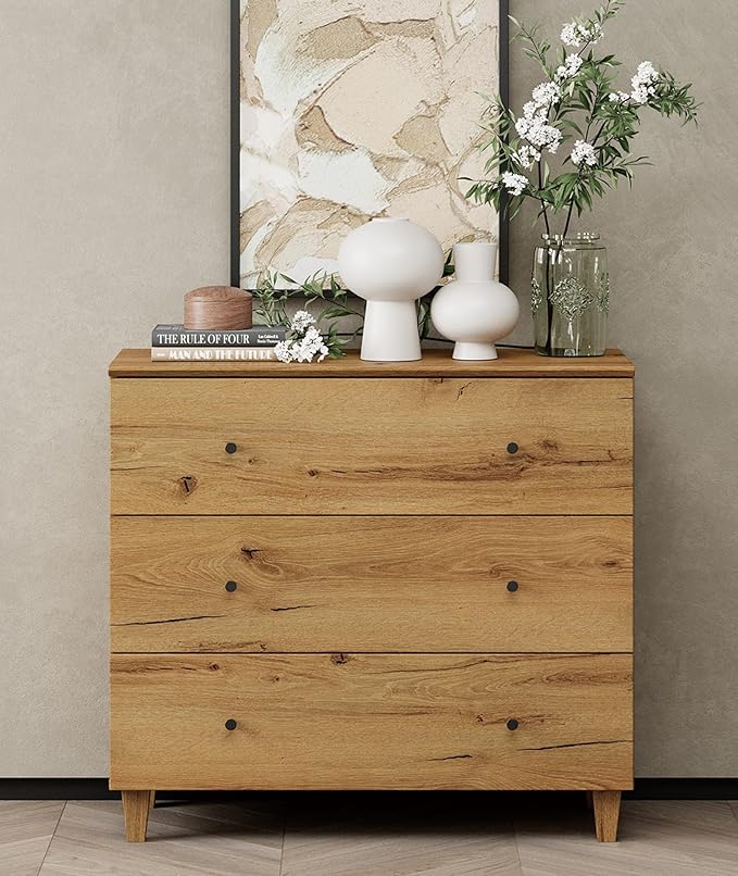 WAMPAT 3-Drawer Kids Dresser for Bedroom, Modern Small Chest of Drawers with Black Knobs, 35 Inch Wide Oak Brown Wood Children Dresser for Baby Room, Nursery, Living Room