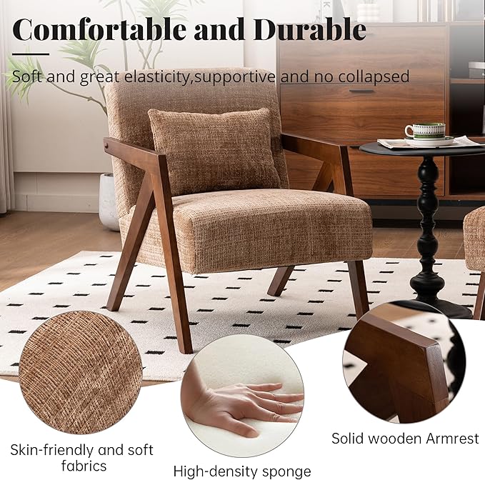 Mid-Century Modern Accent Chair Set of 2 with Solid Wood Frame，Upholstered Chenille Living Room Arm Chairs with Pillow for Bedroom, Living Room, Reading Room, Balcony, Brown