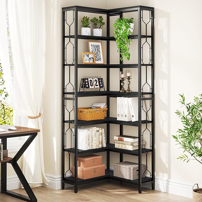 Tribesigns Corner Shelf, 7-Tier Industrial Corner Bookshelf, Wood and Metal Corner Etagere Bookcase, Freestanding Display Shelf for Living Room, Kitchen, Home Office, Black