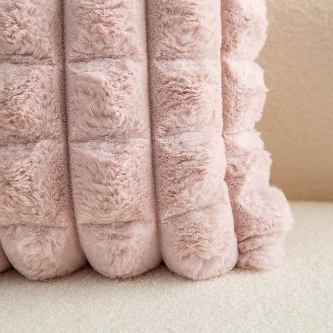 Neelvin Pink Faux Fur Cozy Soft Plaid Decorative Throw Pillow Covers 12x20 inch Set of 2,Velvet Pillowcase Cushion Case for Sofa Couch