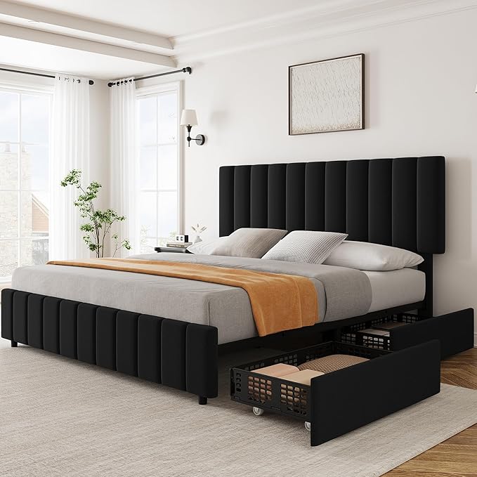 Garvee King Size Bed Frame with 4 Storage Drawers, Adjustable Height Headboard, Linen Upholstered Platform Bed Frame, No Box Spring Needed, Easy Assembly, Black