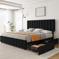 Garvee King Size Bed Frame with 4 Storage Drawers, Adjustable Height Headboard, Linen Upholstered Platform Bed Frame, No Box Spring Needed, Easy Assembly, Black