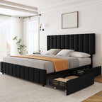 Garvee King Size Bed Frame with 4 Storage Drawers, Adjustable Height Headboard, Linen Upholstered Platform Bed Frame, No Box Spring Needed, Easy Assembly, Black