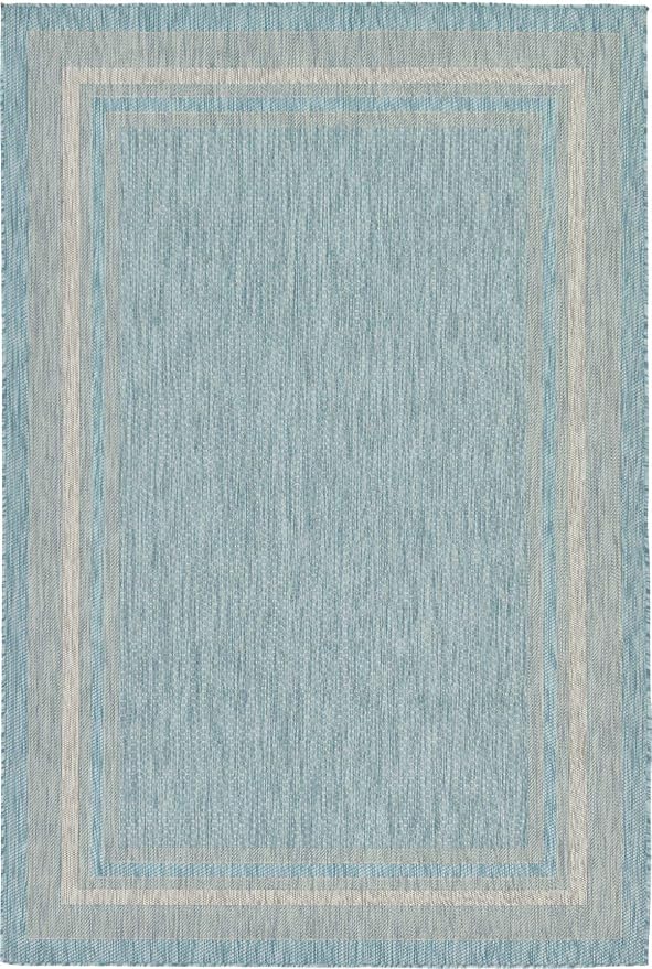 Unique Loom Outdoor Border Collection Area Rug - Soft Border (6' 1" x 9' Rectangle, Aquamarine/ Ivory)