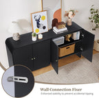 Fluted Sideboard Buffet Cabinet with Storage, 59'' Curved Buffet Cabinet with 4 Doors & Shleves, Modern Credenza Wood Coffee Bar Table Console for Dining Room Kitchen Living Room Entryway, Black