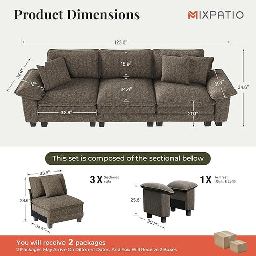 123" Cloud Modular Sectional Sofa, 3-Seater w/Deep Seat & Removable Arms, Plush Chenille for Living Room - Smoky Gray