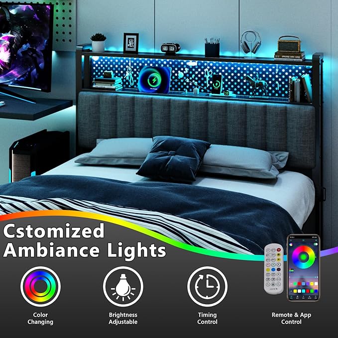 VINGLI King Size Headboard Only, Adjustable Upholstered Headboard with 2 Tier Shelves and Pegboard with Charging Stations and LED Lights, Modern Bed Headboard with Storage for Bedroom Decor
