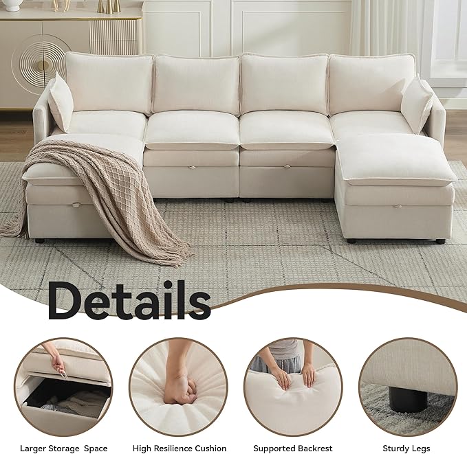 105" Cloud Modular 4 Seater Sofa with 2 Storage Ottoman, Modern Upholstered Sofa Storage Sofa Couch Deep Seat, U Shape Sectional Sofa Chenille Comfy Couch with Armrests for Living Room, Beige