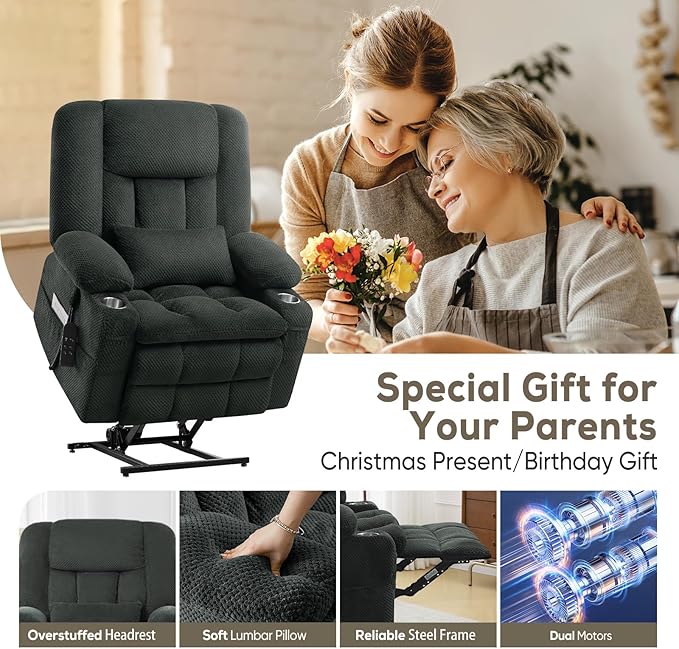 ABCASA Oversized Dual Motor Lay Flat Power Lift Recliner Chair, Massage Recliner Chairs with Heat, Lumbar Pillow, USB & Type-C Ports, Oversized Recliner for Big & Elderly People for Living Room - Grey