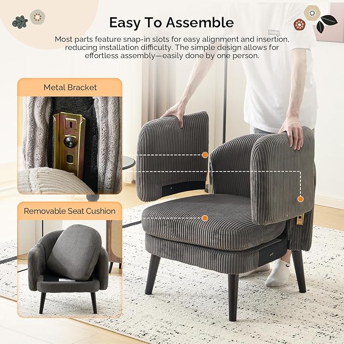 VINGLI 30.3" Wide Modern Barrel Accent Armchairs Set of 2 with Track Armrest, Solid Wooden Legs, Comfy Upholstered Club Chairs, Single Home Sofa for Living Room, Bedroom, Reading Room, Corduroy Grey
