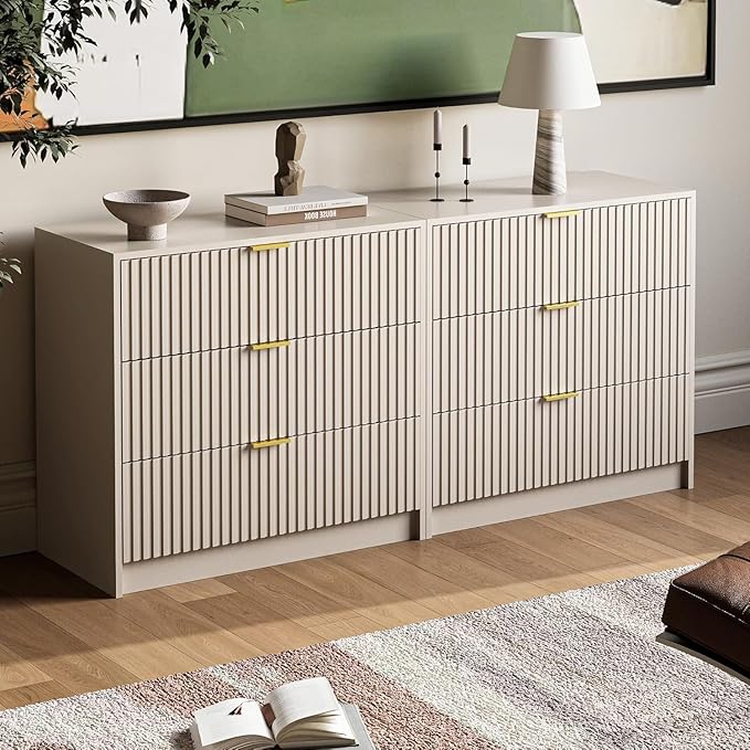 3 Piece Dresser Bedroom Set, 7 Drawer Dresser & 3 Drawer Nightstands with Gold Handles, Fluted Wood Chest of Drawers for Bedroom, Living Room, Entryway, Beige