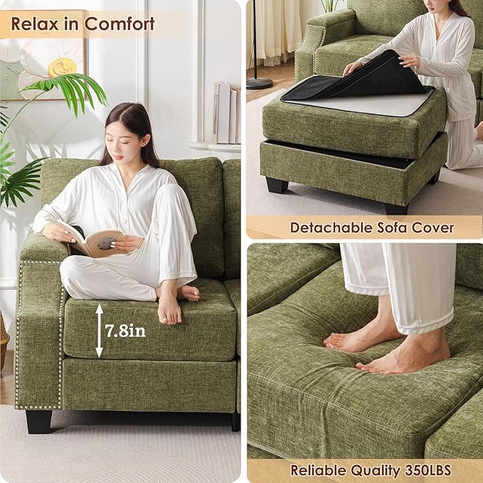 85'' L Shaped Couch with Armrest Organizer,Comfy 3 Seats Sofa with Storage Ottoman,Chenille Sectional Couches for Living Room,Bedroom,Apartment,Sofa Set with Oversized Chair,Green