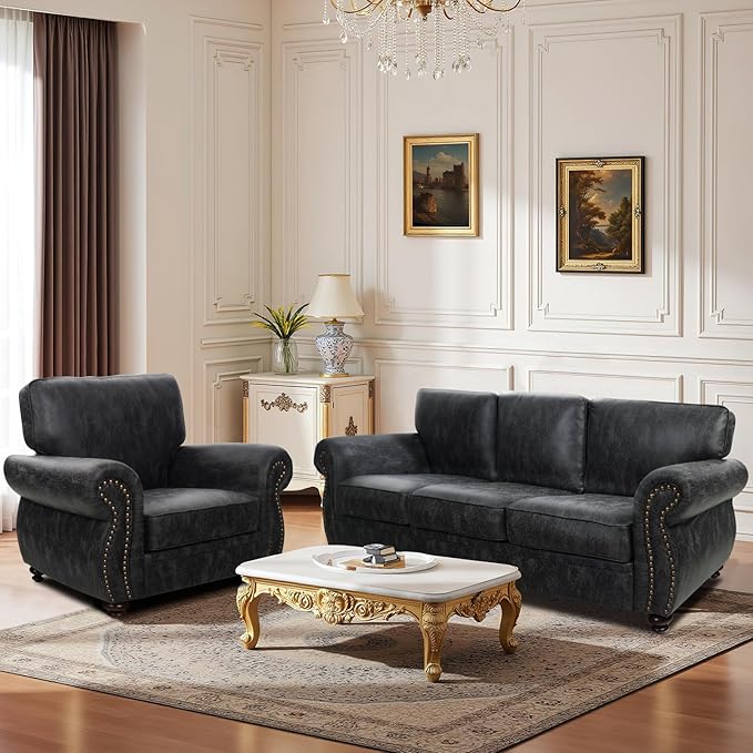 Living Room Furniture Sets,Sofa Sets and Couch Sets for Living Room,Mid-Century Vintage Sofa Couches with Rivet Design (Grey, Single+3 Seater)