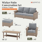 Patio Furniture Set 6 pcs, Wicker Outdoor Patio Furniture, 3-Seat Sofa, 2 Single Chairs, 2 Ottomans and Coffee Table, Rattan Patio Conversation Set for Backyard Deck, Grey