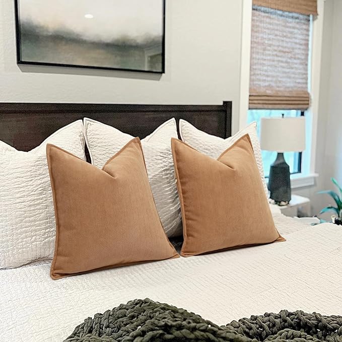 ZWJD Camel Pillow Covers 16x16 Set of 2 Chenille Throw Pillow Covers with Elegant Design Soft and Luxurious Decorative Throw Pillows for Couch, Bed, and Home Decor