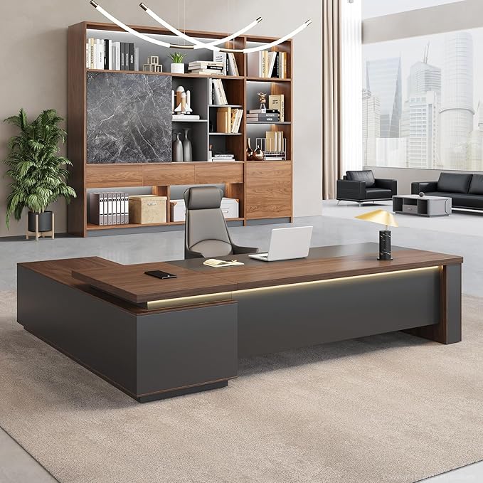 L-Shaped Executive Desk with LED Lights, Lockable Storage & 3-in-1 Charging Station, Reversible Cabinet, Modern Wood Office Desk for CEO, Manager & Home Office(Black Walnut+Khaki, 95"L*71"W*30"H)