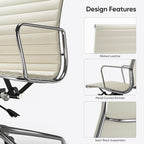 Ribbed Office Chair with Top Grain Leather - Mid Back Ergonomic Desk Chair with Aluminum Arms & Frame, Swivel Wheels & Tilt Function, Adjustable Height