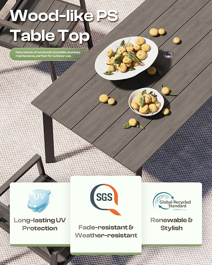 67" Rectangle HDPS Patio Dining Table, Aluminum Outdoor Patio Dining Table with Umbrella Hole, Weather-Resistant for Lawn, Garden, Yard, Poolside and Indoor Use, Charcoal