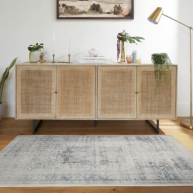 RUGGABLE Washable Vintage Area Rug – Kamran Blue Quartz 3x5, Stain-Resistant, Non-Slip – Small Machine Washable Rugs for Living Room, Bedroom, Hallway, Entryway & Office–with Cushioned Pad