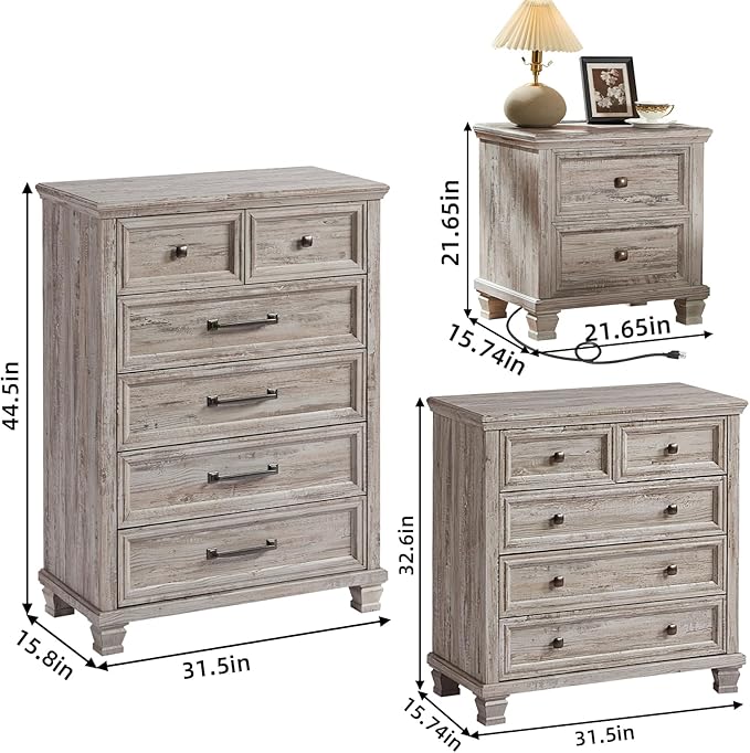 Farmhouse Bedroom Dresser and Nightstand Set of 4, 6 Drawer Tall & 5 Drawers Dresser & 2 Drawer Nightstand Set, Rustic Wood Bedroom Furniture Set for Livingroom, Hallway, Grey