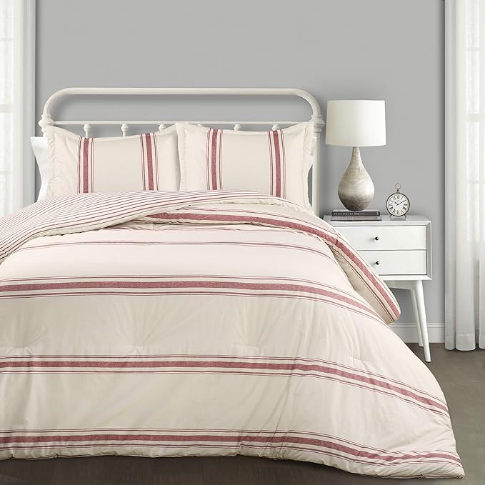 Lush Decor Farmhouse Stripe Reversible Cotton Comforter Set, 3 Piece Set, Full/ Queen, Red - Cozy F𝚊rmhouse Bedding Set - Rustic Decor - Striped Comforter - Modern Farmho𝚞se Bedroom Decor